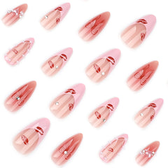 24pcs Sweet Pink Press on Nails with Bow Lipstick Print French Fake Nail Tips Wearable Detachable Ins Simple Korean False Nails
