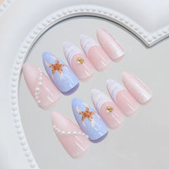 24pcs Dark Blue Press on Nails Starnight Swan Print Sweet Cool False Nails for Girl Wearable Reusable Almond Fake Nail Tips