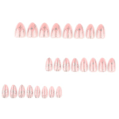 24pcs Short Almond Press on Nails Bohemia Bow Print Sweet Pink False Nail Tips Wearable Reusable Summer Simple French Fake Nails