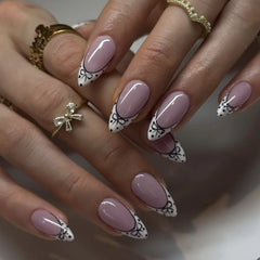 24pcs Short Almond Press on Nails French Black Bow Dot Print False Nails Wearable Reusable Spicy Girl Korean Fake Nails