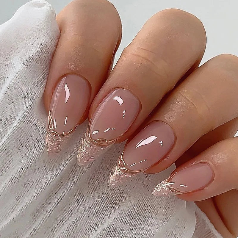 24Pcs French Retro Red Nail Art Full Cover Irregular Gilded Minimalism Press on Fake Nails Detachable Mid-length Almond Manicure