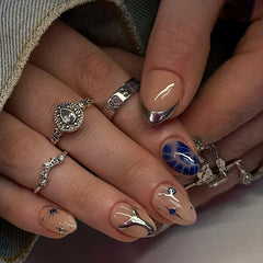 24Pcs 3D Cat-eye Dark Blue Design False Nails with Irregular Lines Spice Girl Detachable Nail Tips Short Oval Nails Set Press On